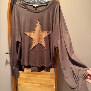 Easel Brown Long Sleeve Top with Star Patch